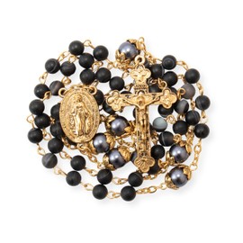 Nazareth Store Catholic Gold Rosary Necklace Matte Stone Beads Green Pearl Round Beads Miraculous Medal & Cross - Velvet Bag (Black)