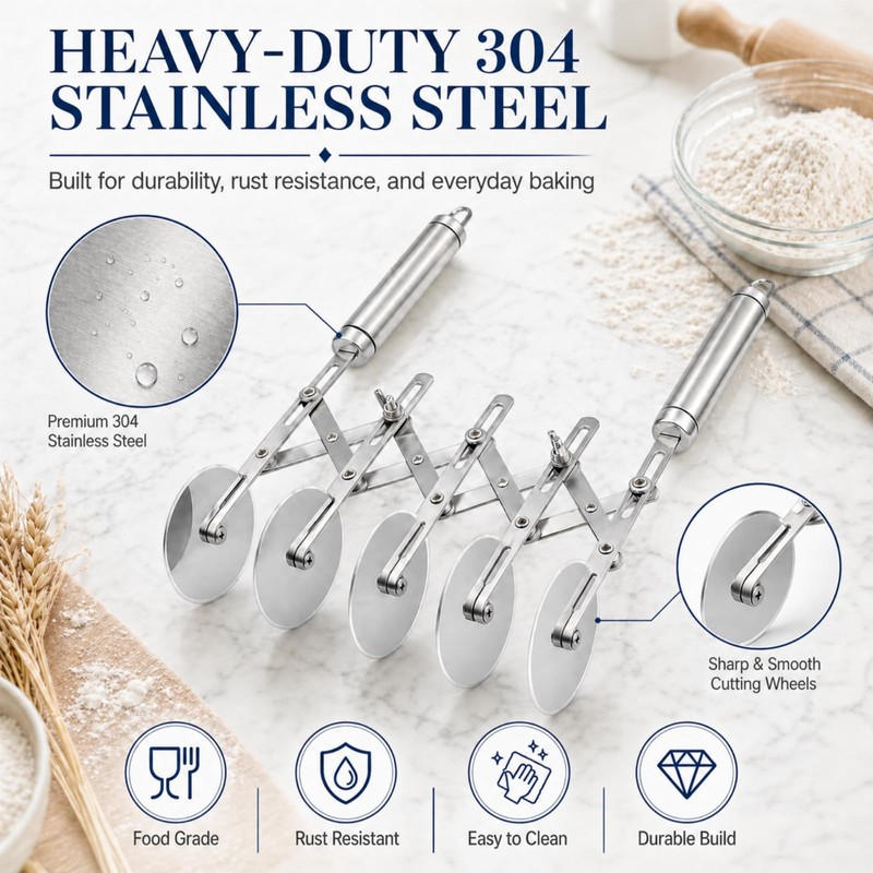 Wheel Adjustable Pasta Cutter with Handle - Stainless Steel Multi-Tool
