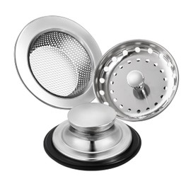 RQYEKDO 3-Pack Kitchen Sink Drain Strainer Stopper Set, Universal Anti-Clogging Stainless Steel Garbage Disposal Plug with Handle, Perforated Basket Filter Sieve for Standard 3.5" Drains (Silver)