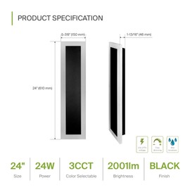 ASD LED 24 Inch Long Flush Mount Wall Light Fixture | 24W 2000LM 3000K-5000K 100-277V | 3CCT, Dimmable, Waterproof, Wide Acrylic, ETL Listed | Linear Outdoor Sconce, Exterior Lighting | Black