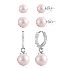 ASH'S CHOICE Pearl Earrings Set for Women, 925 Sterling Silver Pink Pearl Studs Pearl Dangle Earrings, 3 Pairs Silver Small Hoop Earrings With Pearl Drop, Cute Pink Pearl Earrings Stud Set