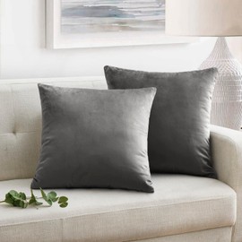 Oxford Homeware Velvet Cushion Covers 45 x 45 (Pack of 2) Square Throw Pillow Cases Soft Decorative Grey Cushion Cover for Bedroom Living Room with Invisible Zipper (18 x 18 Inch)