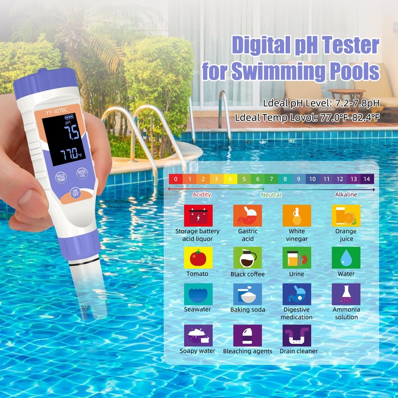 7-in-1 Digital Pool Water Tester – Chlorine, pH,Salt,ORP, EC, TDS&Temp