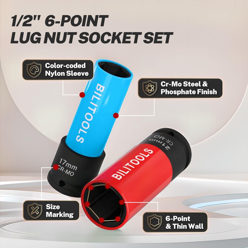 BILITOOLS 1/2 inch Drive Impact Lug Nut Socket Set, Metric