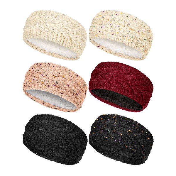 WILLBOND 6 Pieces Winter Knitted Headband Crochet Headband Ear Warmer with Plush Lining (Stylish Color)