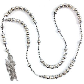 Western Peak San Judas Crystal Glass Bead Prayer Silver Beads Rosary Rosario (Grey)