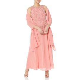 J Kara Women's Petite Long Beaded V Trim Detail Gown with Scarf, Coral/Multi, 12P