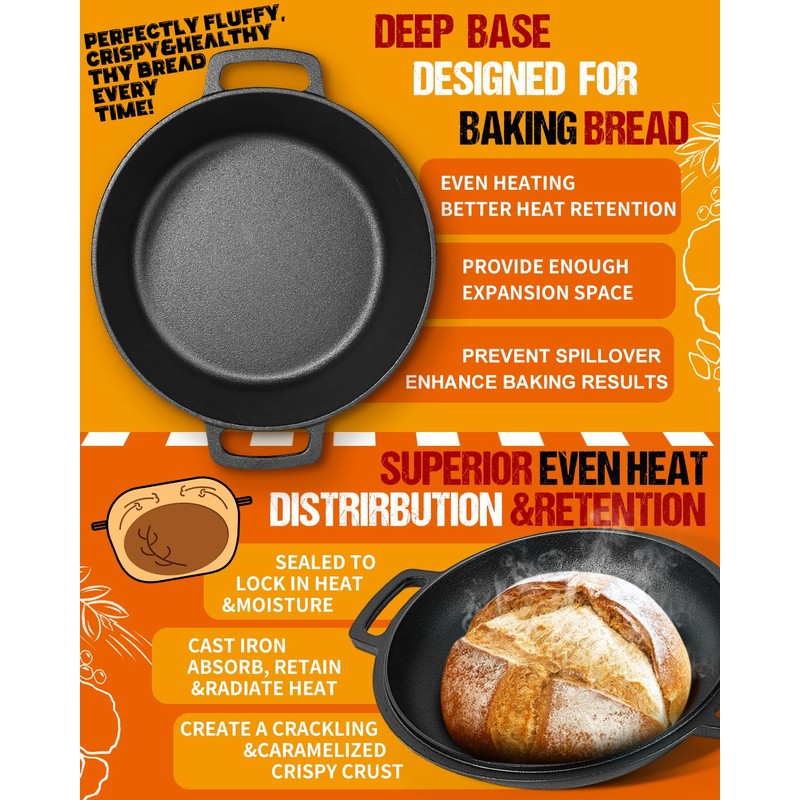 Cast Iron Dutch Oven for Sourdough Bread Baking, Pre-Seasoned 5QT