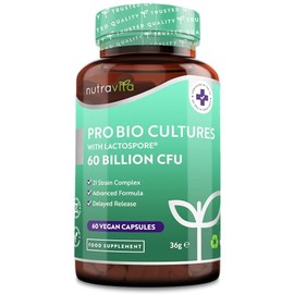 Nutravita 60 Billion CFU Probiotic Cultures - Scientifically Backed Lactospore? for Good Gut Flora - Enteric Coating to Ensure Probiotics are Delivered Directly to The Gut - Made in The UK