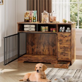 GarveeHome Retro Brown 48 Inch Dog Crate Furniture, Indoor Dog Kennel with Hidden Bowl, 3 Drawers and 3 Open Drawers, Modern Famhouse Dog Crate End Table, Decorative Pet Crate for Large Dogs
