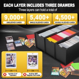 QLOUNI Trading Card Storage Box, 3-Row Card Organizer Box with Labels & Dividers, Holds 9000+ Bulk Cards for TCG, YuGiOh, MTG, PTCG, Sport Cards, 3 Sets