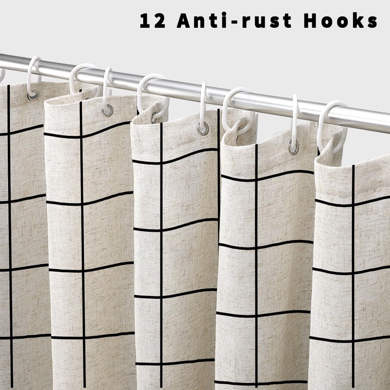 Farmhouse Plaid Shower Curtain Beige Linen Shower Curtains for Bathroom