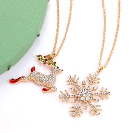 NLCAC Christmas Necklace Sparky Crystal Snowflake Reindeer Pendant Necklace Xmas Santa Holiday Festival Jewelry Necklace 2 Pieces
