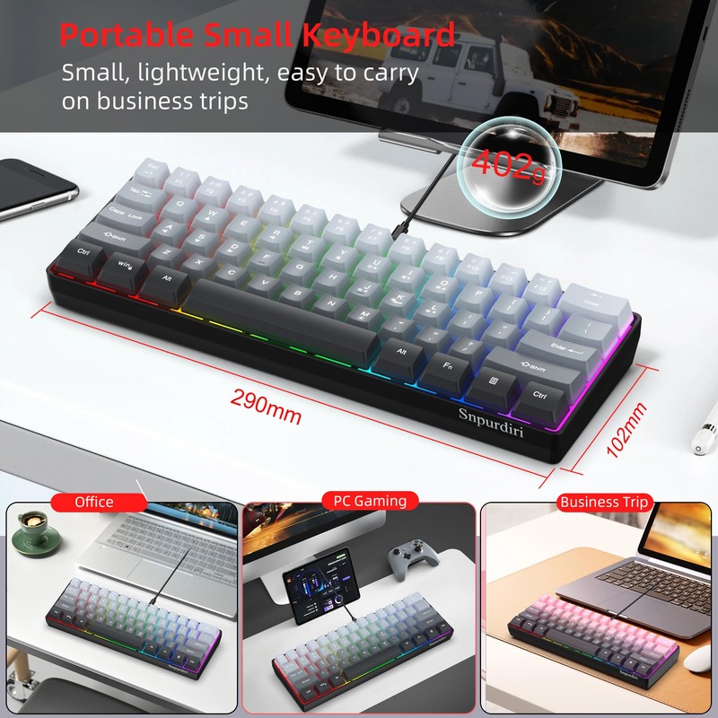 Snpurdiri 60% Wired Gaming Keyboard, 61 Keys RGB Backlit Ultra-Compact
