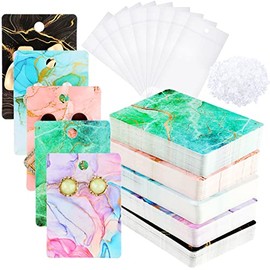 900 Pcs Marble Earring Necklace Display Card Holder Set, 250 Pcs 5 Colors Jewelry Display Cards 150 Pcs Self-Seal Bags and 500 Earring Backs for Jewelry Display Packing, 2 x 2.8 Inches (Golden Ripple)