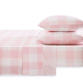 Wake In Cloud - Gingham Bed Sheets, 4-Piece Sheet Set, Cute Plaid Buffalo Check Checker Geometric Aesthetic Bedding, Deep Pocket, Pink, Queen Size