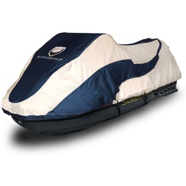 EliteShield Trailerable Jet Ski Cover, Heavy Duty Waterproof Marine Grade 600D Solution-Dyed Polyester PWC Cover, Fits from 103" to 115" 1 or 2 Seater, Two Tone Navy/Gray Color