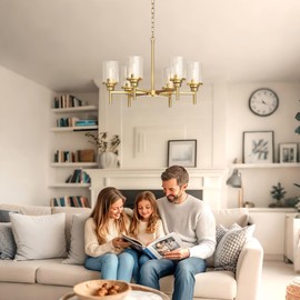 DORESshop 6-Light Gold Chandeliers for Dining Room, Adjustable Height Modern Farmhouse Chandelier with Clear Glass Shade for Living Room, Bedroom, Kitchen Island and Foyer Entryway