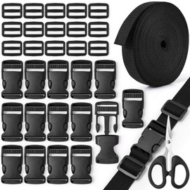 Amentalove 10 Meters Nylon Webbing Strap 32mm, Backpack Chest Strap with 15 Tri-Glide Slides Clip,15 Flat Side Release Buckles and 1 Scissor, Heavy Webbing Strap for DIY Bags Backpack Cargo Strapping