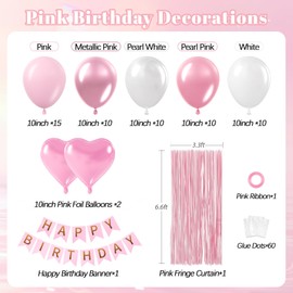 Pink Birthday Decorations with Pearl White Light Pearl Metallic Pink Foil Balloons Fringe Curtain Banner for Happy Birthday Decorations for Women