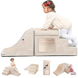 LORAIA® Non-toxic foam climbing blocks for toddlers -Large vegan leather baby climbing blocks - High-end soft play set w/TOP fasteners & baby slide - Climbing toys for toddlers 1-3 inside (Sand/Beige)