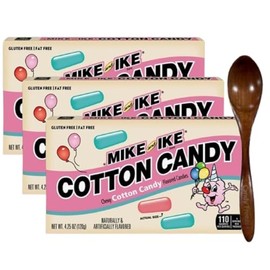 Mike and Ike Cotton Candy Flavored Chewy Candy – Soft, Sweet & Fruity Gluten-Free Snack - 4.25oz Theater Box – Pack of 3 with Wooden Spoon (Cotton Candy) Wooden Spoon