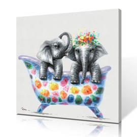 Yidepot Funny Elephant Canvas Wall Art Painting Two Little Elephants in Colorful Bathtub Playing Picture Print Decorative Mural for Bathoom Framed and ready to hang (35x35cm)