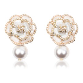 Fashion Imitation Pearl Floral Dangle Drop Earrings Studs for women (White)