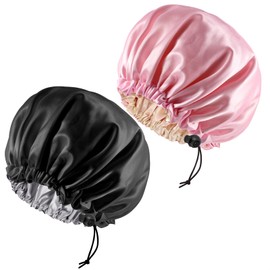 Yafe 2 Pieces Adjustable Silk Bonnet, 36cm Double Sided Satin Sleep Caps Night Sleep Hat for All Hair Lengths Women Curly Natural Hair Head Cover(Black+Pink)