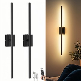 iThird Battery Operated Wall Sconces Set of 2: 10000mAh Rechargeable Wall Lights with Remote Control, 360° Rotate Wireless Wall Scone Decor for TV Bedroom Living Room Bathroom, 31.5 Inch, Black