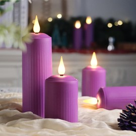 yunsheng Rechargeable Flameless Candles with Remote Timer, in/Outdoor Waterproof LED Flickering Pillar Candles Set of 6 (D2 x H4/5.5/6.5"), Battery Operated Purple Plastic Roman Column Candles