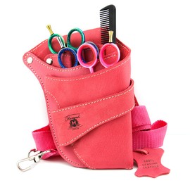 Pink Leather Barber Hairdressing Scissor Holster Case with Waist Shoulder Belt Rivet Clips Bag