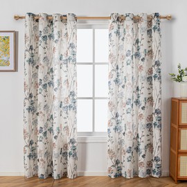 MYSKY HOME Living Room Linen Curtains 90 inch Floral Pattern Light Filtering Privacy Protect Drapes for Window Decoration Rustic Vintage Style for Family Room, 52" Wide, Brown, 2 Pcs
