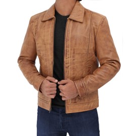 Decrum Brown Leather Jacket Men - Motorcycle Mens Leather Jackets | [1104915] Jhonwck Camel, XL