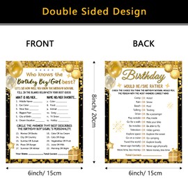 HOMANGA Who Knows The Birthday Boy Girl Best, Birthday Game Cards for Party Activities, Game Cards for Teens Kids Girls Boys Sleepover Party - Set of 30 (Black & Gold, Double-Sided)