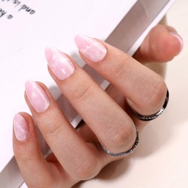 Jemattely Soft Gel Press on Nails Almond Medium Gel Fake Nails Pink Marble False Nails with Glue, Light Weight & Fit Perfectly,Medium Natural,16 Sizes-32 Gel Nail Kit,Pink Marble