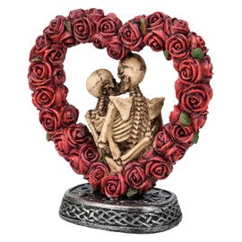 Figuren Shop GmbH Romantic Skeleton Figurine 12 cm - Kissing Couple in Rose Heart, Hand-Painted, Gothic Decoration, Fantasy Statue