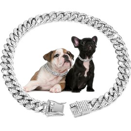 Dog Chain Collar,BOZILY Diamond Cuban Collar Walking Metal Chain Collar with Design Secure Buckle,Pet Cuban Link Dog Collar Jewelry Accessories for Small Medium Large Dogs Cats (22in, Silver)