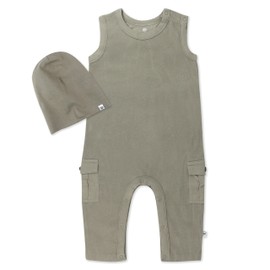 HonestBaby Sleeveless Rib Coverall and Beanie set Organic Cotton for Baby Boys, Girls, Khaki, 3-6 Months