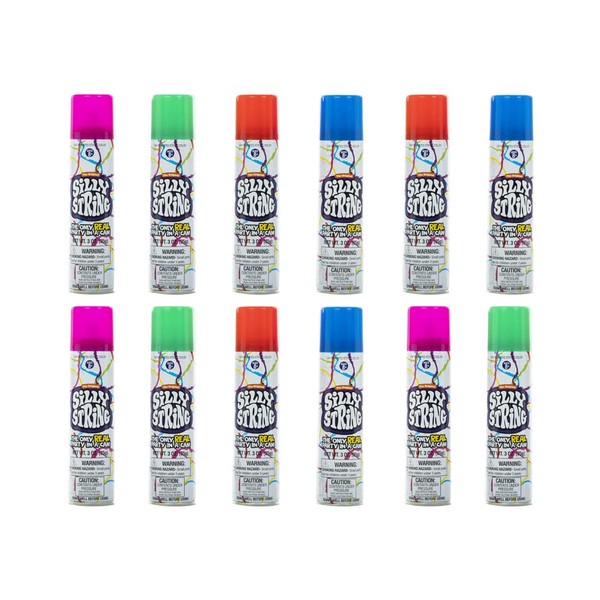 The Original Silly String! Silly String Party Pack, 12 pack, Assorted Colors, 3oz Large Can The Only REAL Party in a Can! Be Silly! Shoots over 15ft!