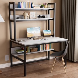 Aquzee Desk with Hutch, 55inch Computer Desks with Shelves, 4 Tiers Gaming Desk with Large Wood Desktop, Metal Legs, Ideal for Storage Study Work Writing Homework, White, 55Wx65Hx23.6D Inches