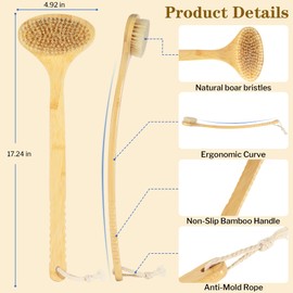 GROOMAGE Bamboo Bath Brush with Curved Long Handle, Natural Bristle Back Scrubber for Shower, Exfoliating Body Brush for Wet or Dry Use, Anti-Slip Design for Gentle Deep Cleaning, Wood Color