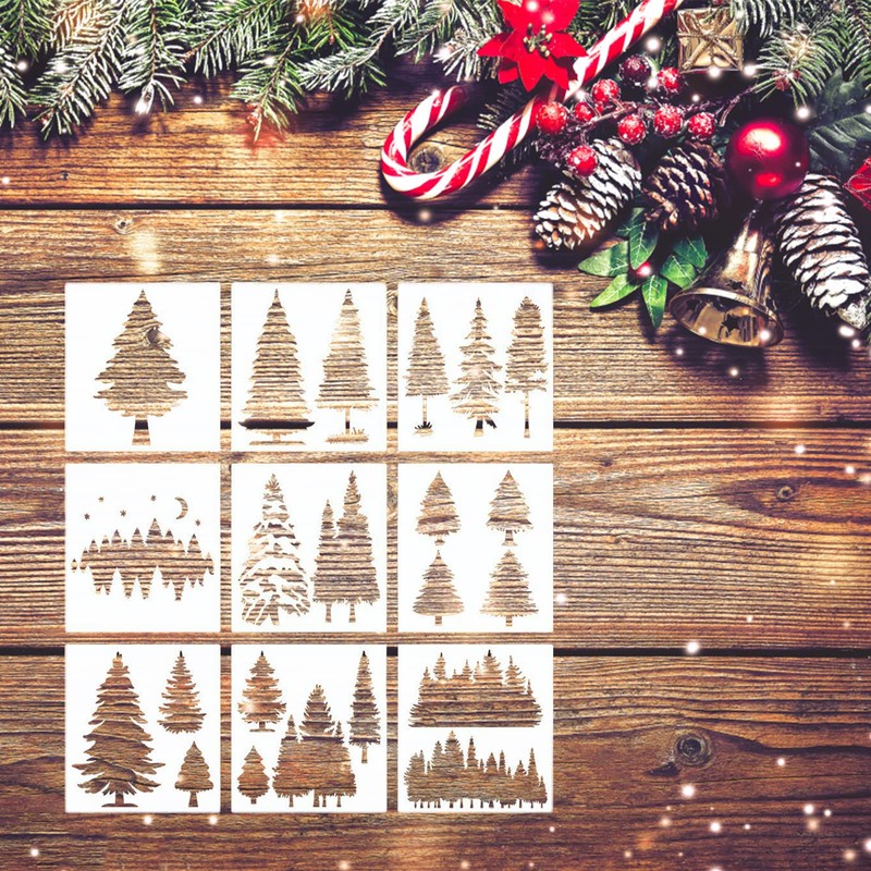 Pack of 9 Pine Stencils, Christmas Tree Painting Templates, Reusable