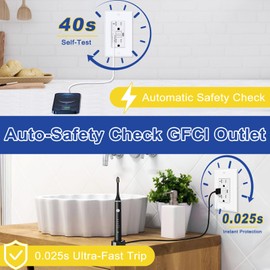 20A GFCI Outlet with Dual USB Ports (Type A+C), Self-Test GFI Electrical Outlet with Tamper-Resistant,Ground Fault Circuit Interrupter Outlet with 2 USB Charging Ports,ETL Listed, White,2 Pack