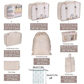 NEWKIBOU Organizadores de Viaje para Maletas,12 en 1 Set de Organizador de Equipaje,Impermeable Organizador de Maleta, para Ropa Zapatos, Cosméticos de bolsas organizadoras de viaje (Beige)