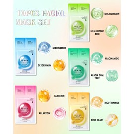 Face Sheet Mask Set - 10Pcs Trilogy Facial Mask Set with Cleanser Extracts, Hydrating and Moisturizing, Calming and Soothing, Fade Fine Lines, Brighten Skin Tone, Korean Beauty Skincare Gift for Women