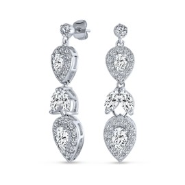 Teardrop CZ Bridal Necklace Drop Earrings Set Rhodium Plated