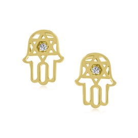 Tiny Petite Judaic Jewelry CZ Accent Real 14K Yellow Gold Hamsa Hebrew Star Of David Judaic Stud Earrings For Women Teen For Bat Mitzvah Secure Screw Back