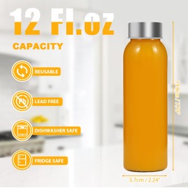 Danmu Glass Juice Bottles with Lids 12 oz,Juicing Bottles Reusable Glass,Stainless Steel Lids 100% Leakproof for Juicing,Water,Milk,Milkshake,Coffee 6 Pack Compact Size & Easy Grip Fridge Safe