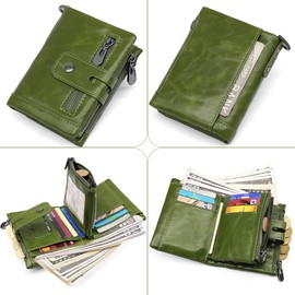 Reetee Women’s purse, small, leather zip, RFID protection, 16 card slots, Green